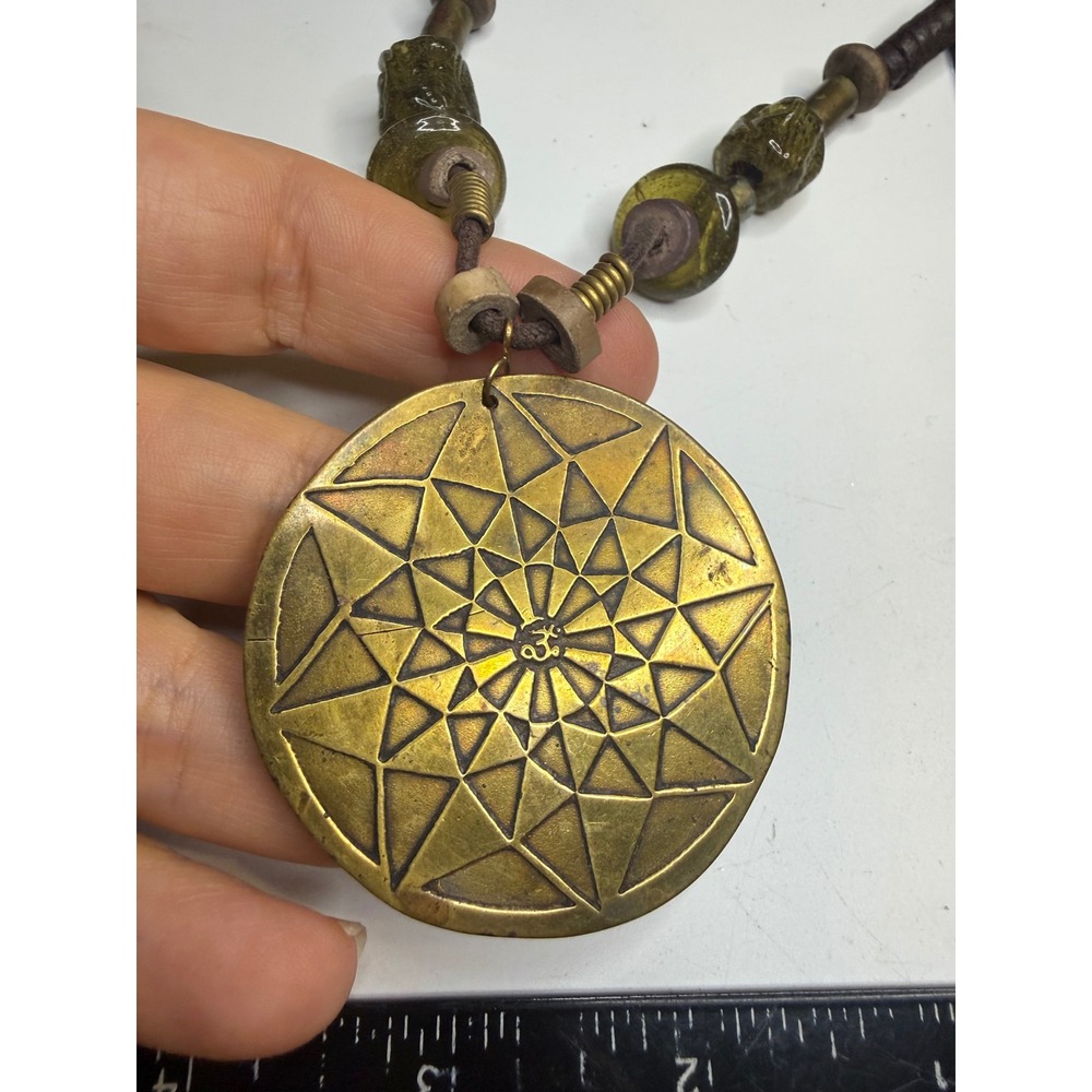 Boho Brass Om Medallion Necklace Geometric Starburst Green Glass Beads